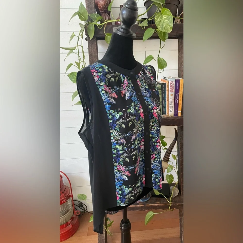 Nicole Miller: Long Black BoHo Flowy Floral Button Down Blouse